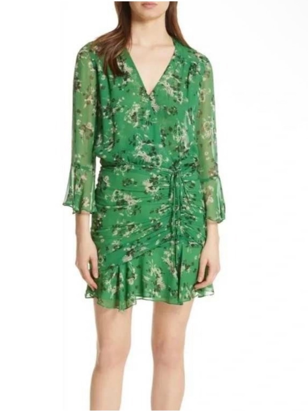 Veronica Beard Floral Wrap-Detail Green V-Neck Mini Dress- Size 2